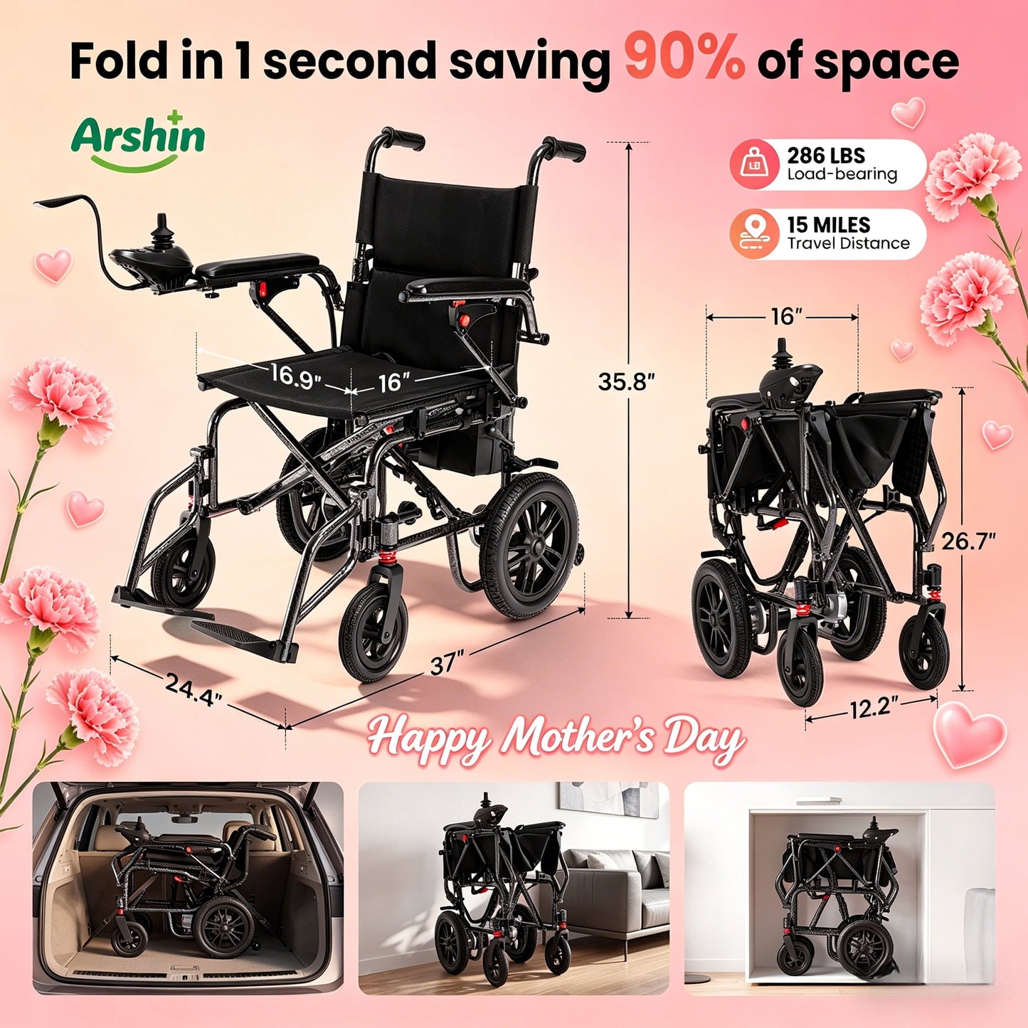 Foldable Electric Wheelchair,20+ Miles,360°Joystick,Gift for Mom on Mother's Day(Black)