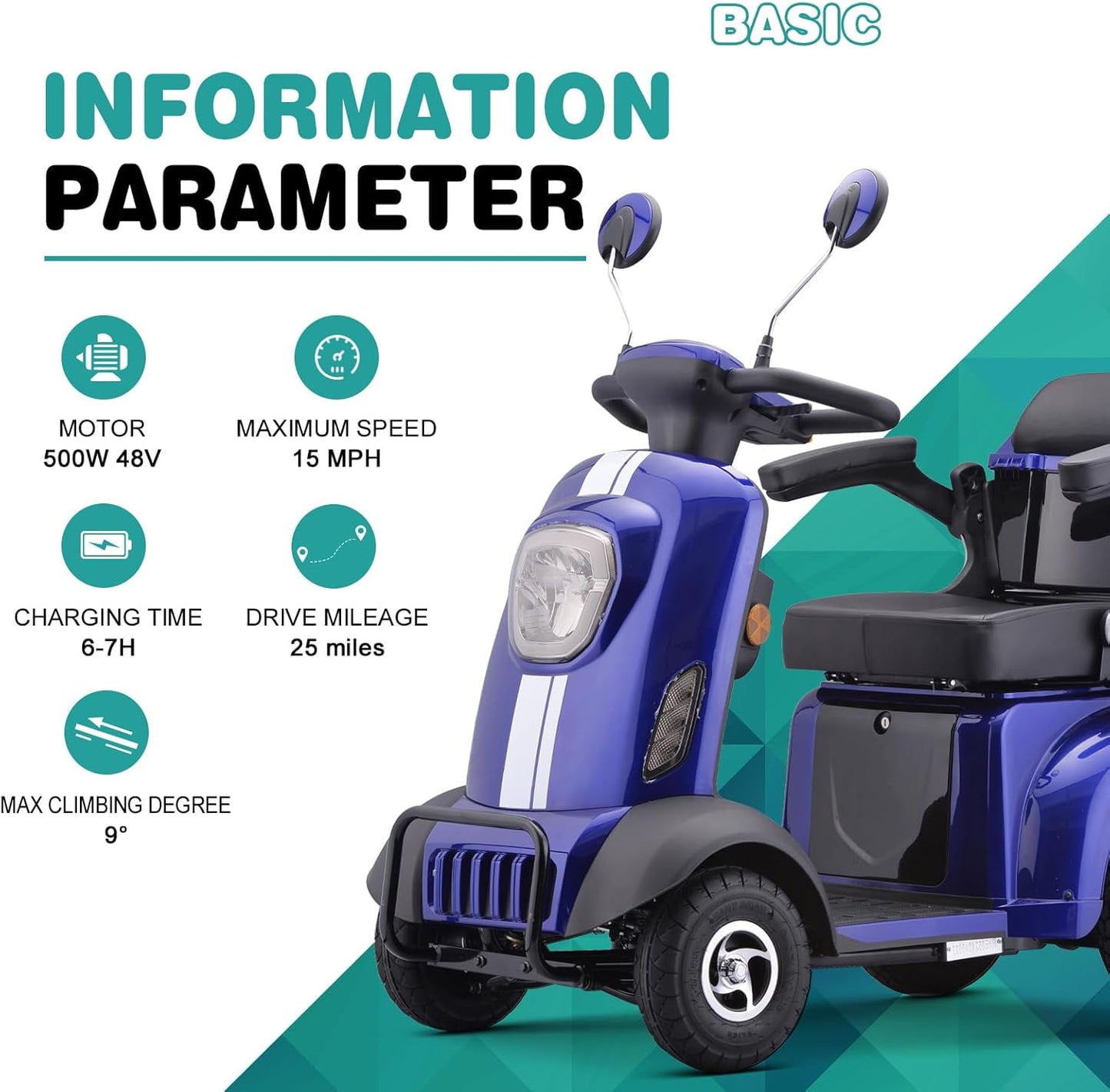 Aoemoe 4-Wheel Mobility Scooter, Electric Heavy Duty Wheelchair, 500 Lb Limit, Blue