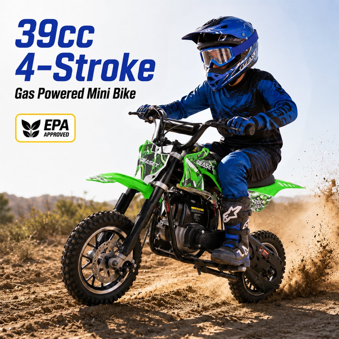 QEASET Mini Bicycles Ride-On Toy, 39cc 4-Stroke Gas Powered Off-Road Motorcycle with Rear Suspension & Disc Brakes, 18 MPH Top Speed, Supports Up to 165 lbs, Green