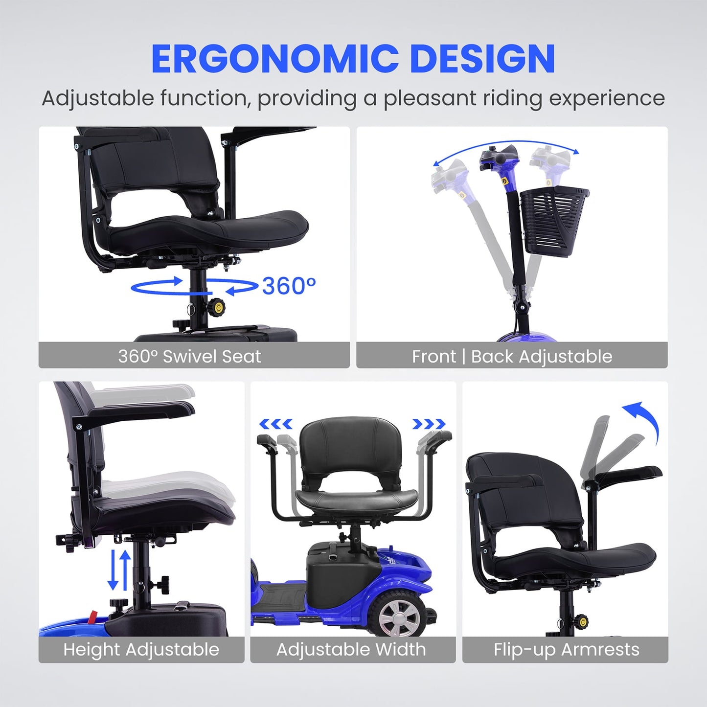 Arshin Mobility Scooter,4 Wheel Mobility Scooter for Adults,Senior,Electric Powered Wheelchair Chargeable Device for Travel,Blue