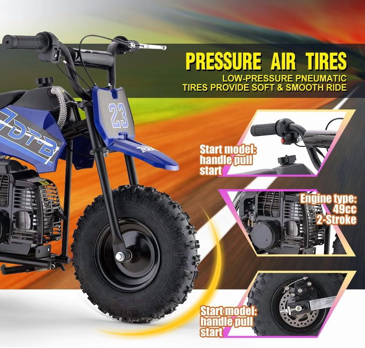 Aoemoe Mini Kid Dirt Bike, 49 CC 2-Stroke Gas Bike with Off-Rode Tire, Suspensions, Disc Brakes, Max Load 160Lbs, Up to 20Mph, EPA Approved