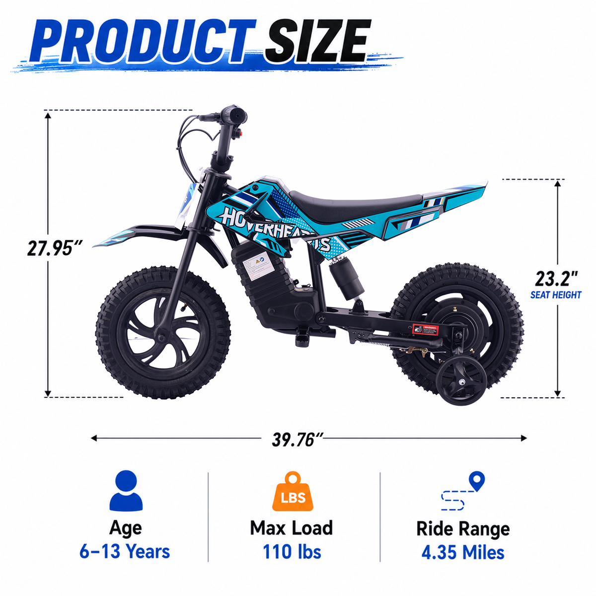 Aoemoe Electric Ride On Mini Bike for Beginners, 25.2V 2.6Ah Battery, Training Wheels & Rear Shock, 6.2 MPH Max Speed, All-Terrain Outdoor Toy, Teal Blue