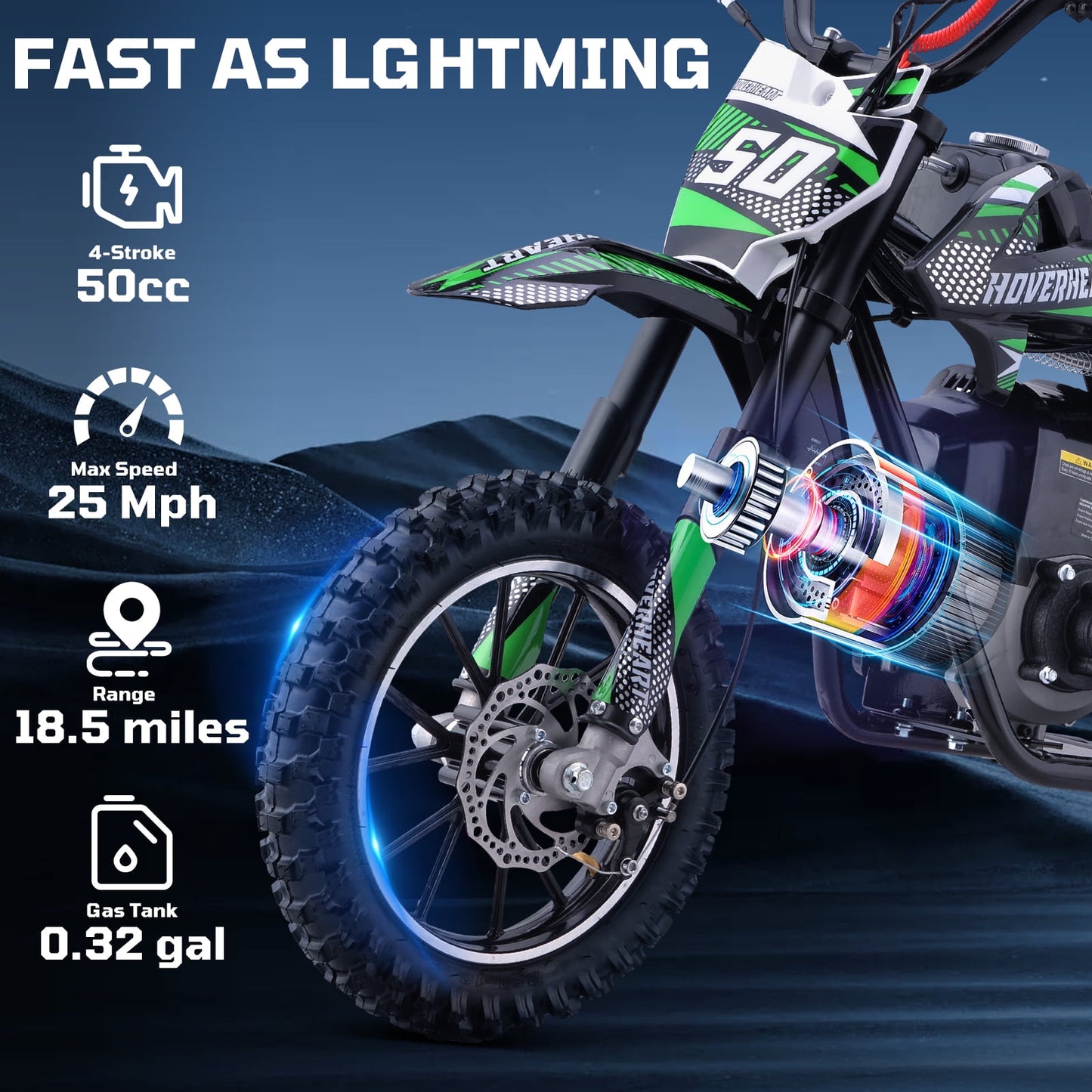 Aoemoe Gas Dirt Bike, 50cc 4-Stroke Gas Powered Kids Off Road Motorcycle (Model-DB4S004) with Off-Road Tire, Suspensions, Disc Brakes, Max Load 165Lbs, Up to 25Mph, NO OIL MIX REQUIRED