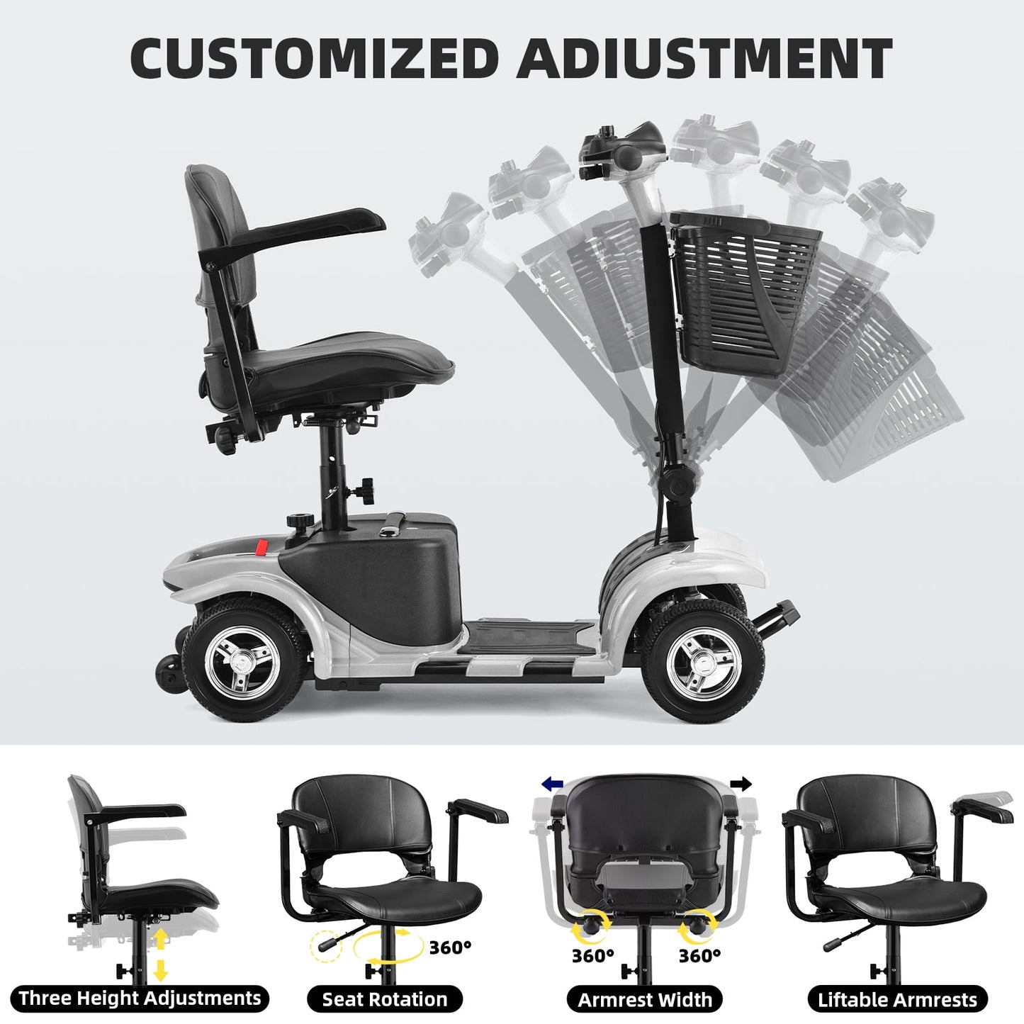 Arshin Mobility Scooters for Seniors,4 Wheels Outdoor Mobility Scooters Lightweight and Portable,180W 24V Electric Mobility Scooters with High-Power Motor,Suitable for Travel,Adults,Elderly(Silver)