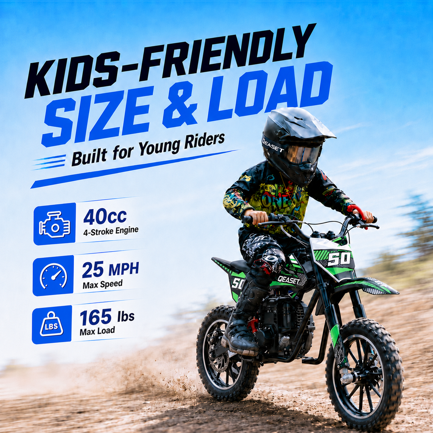 QEASET Mini Gas Powered Ride-On Motorcycle, 39CC 4-Stroke Engine with Disc Brakes, 20 MPH Top Speed, 6.3" Ground Clearance, Supports Up to 165 lbs, Minimal Assembly, Green