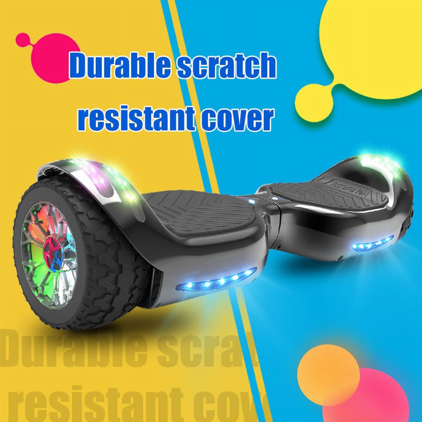 Hoverboard All-Terrain LED Flash Wide All Terrian Wheel with Bluetooth Speaker Dual LED Light Self Balancing Wheel Electric Scooter Chrome Black