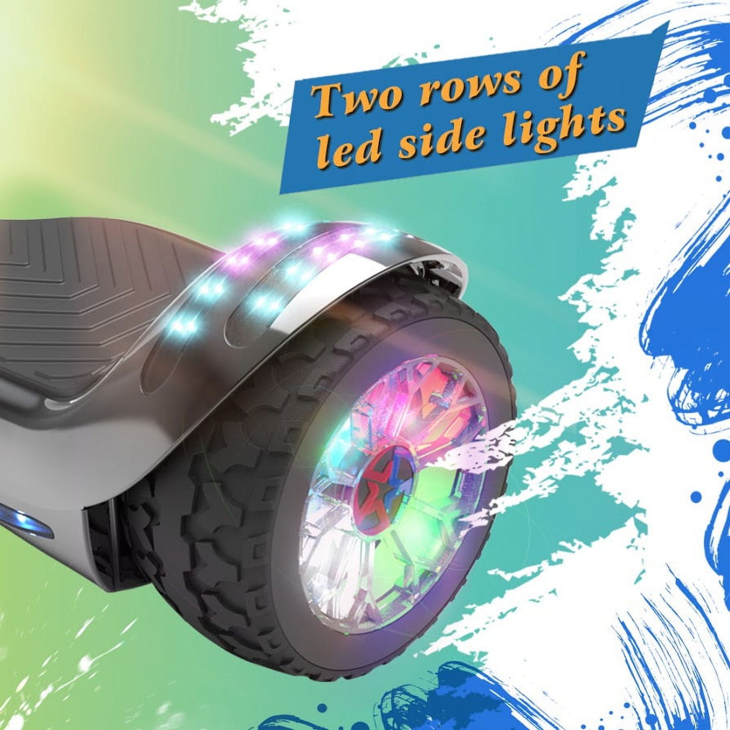 Hoverboard All-Terrain LED Flash Wide All Terrian Wheel with Bluetooth Speaker Dual LED Light Self Balancing Wheel Electric Scooter Chrome Black