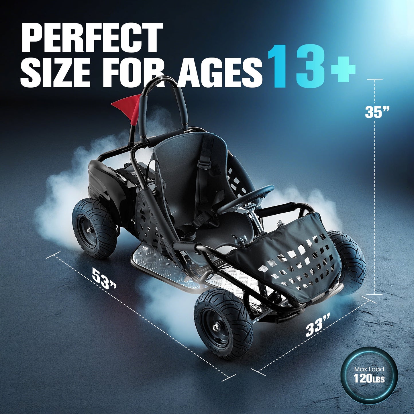 Arshin Electric Ride-On Go-Kart for Teens,1000W 48V Motor,Max 20Mph with 3-Speed Parental Control(10/13/20Mph),4-Wheel Drive,13"Pneumatic Tires,for Ages 13+ and up to 120LBS(Black)