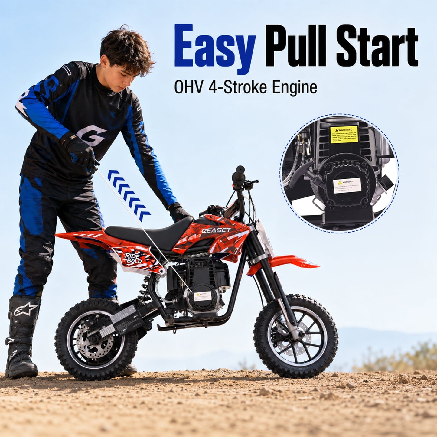 QEASET Mini Bicycles Ride-On Toy, 39cc 4-Stroke Gas Powered Off-Road Motorcycle with Rear Suspension & Disc Brakes, 18 MPH Top Speed, Supports Up to 165 lbs, Red