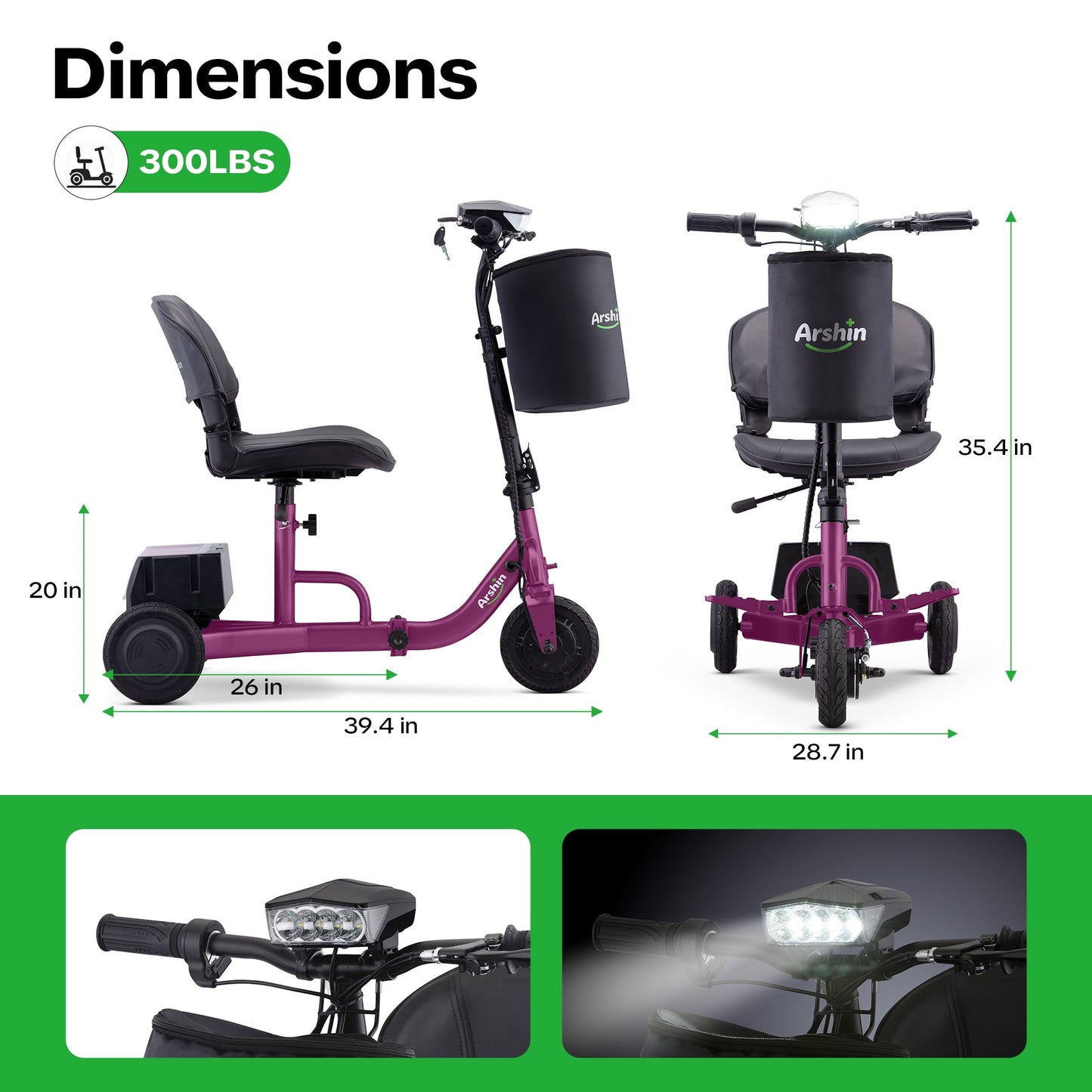 Upgrade Mobility Scooter Lightweight Foldable,All Terrain Mobility Scooters for Seniors & Adults,Arshin 300lbs Electric Wheelchair Strong Device for Travel,2 Batteries,Variable Speed(Purple)
