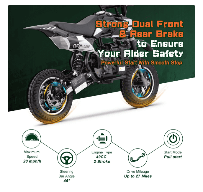 Aoemoe Mini Kid Dirt Bike, 49 CC 2-Stroke Gas Bike with Off-Rode Tire, Suspensions, Disc Brakes, Max Load 160Lbs, Up to 20Mph, EPA Approved