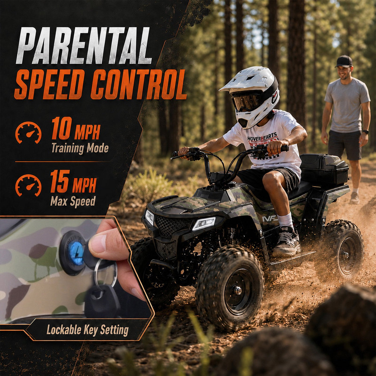 IVFJFV 40cc 4-Stroke 4-Wheeler,Dual-Speed Off-Road Car Gas Four-Wheeler,Gas Powered 4 Wheel with Key Lock & Parent Limited Speed 10-15MPH & Dual Shocks & All-terrain Tire,Chain Drive,Green Camo