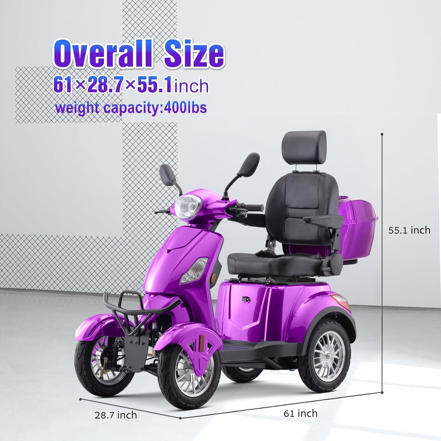 Aoemoe Electric Heavy Duty Mobility Scooters, Large 3-Wheels Wheelchair Device, 500 LBS Capacity for Seniors & Adults, Speed Adjust, Remote Key, Ship Fully Assembled and Ready to Ride (Purple)