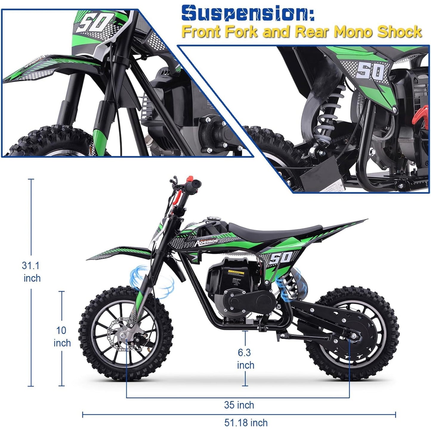 Aoemoe 40cc 4-Stroke Kids Mini Dirt Bike, Gas Powered, Rear Suspension & Disc Brakes, 20Mph/165Lbs,Green