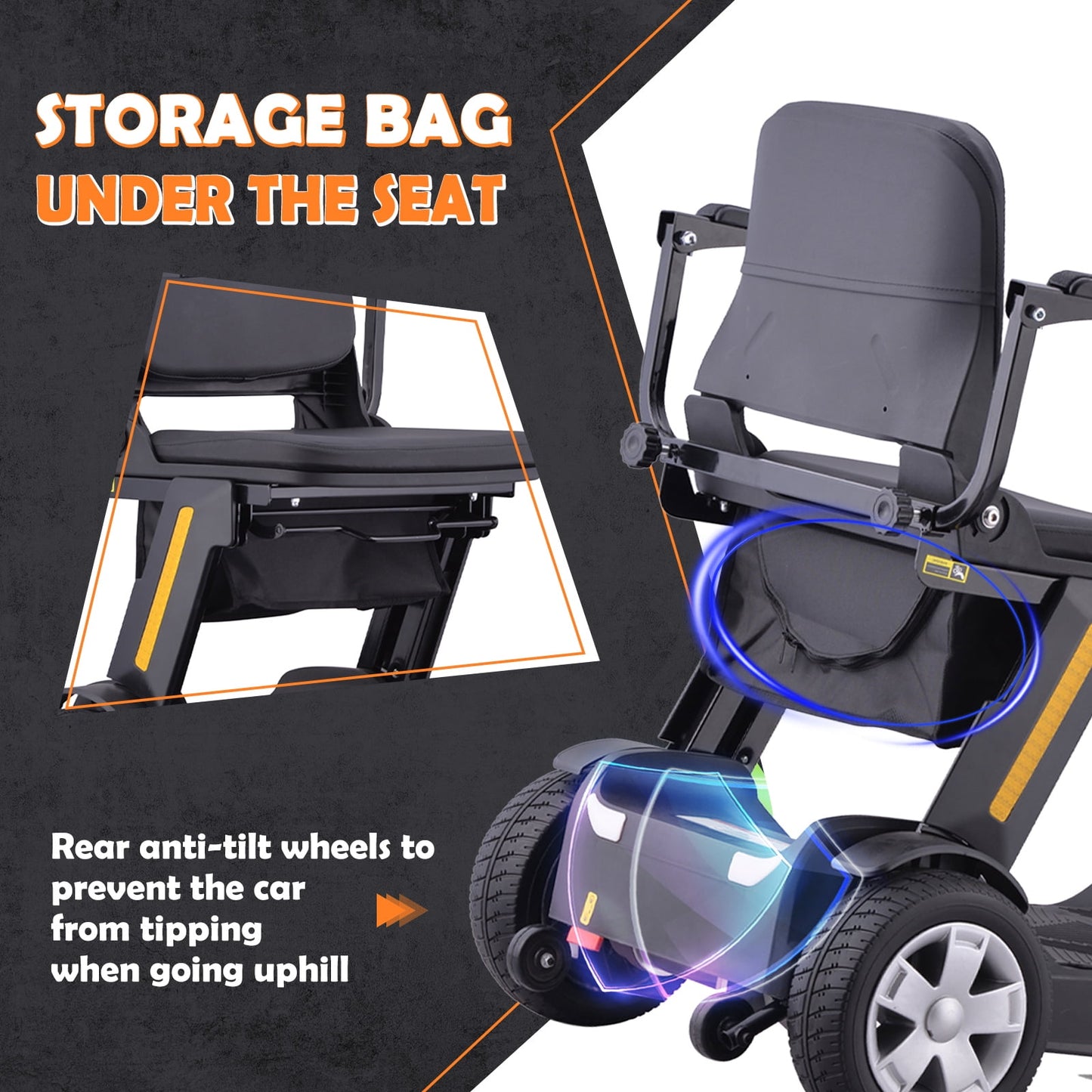QEASET Foldable Mobility Scooter for Adults & Senior, 4 Wheels Powered Device for Travel, Lightweight and Portable, with LED Strip Light, Storage Bag, Charger Included, No Assemble Required, Black