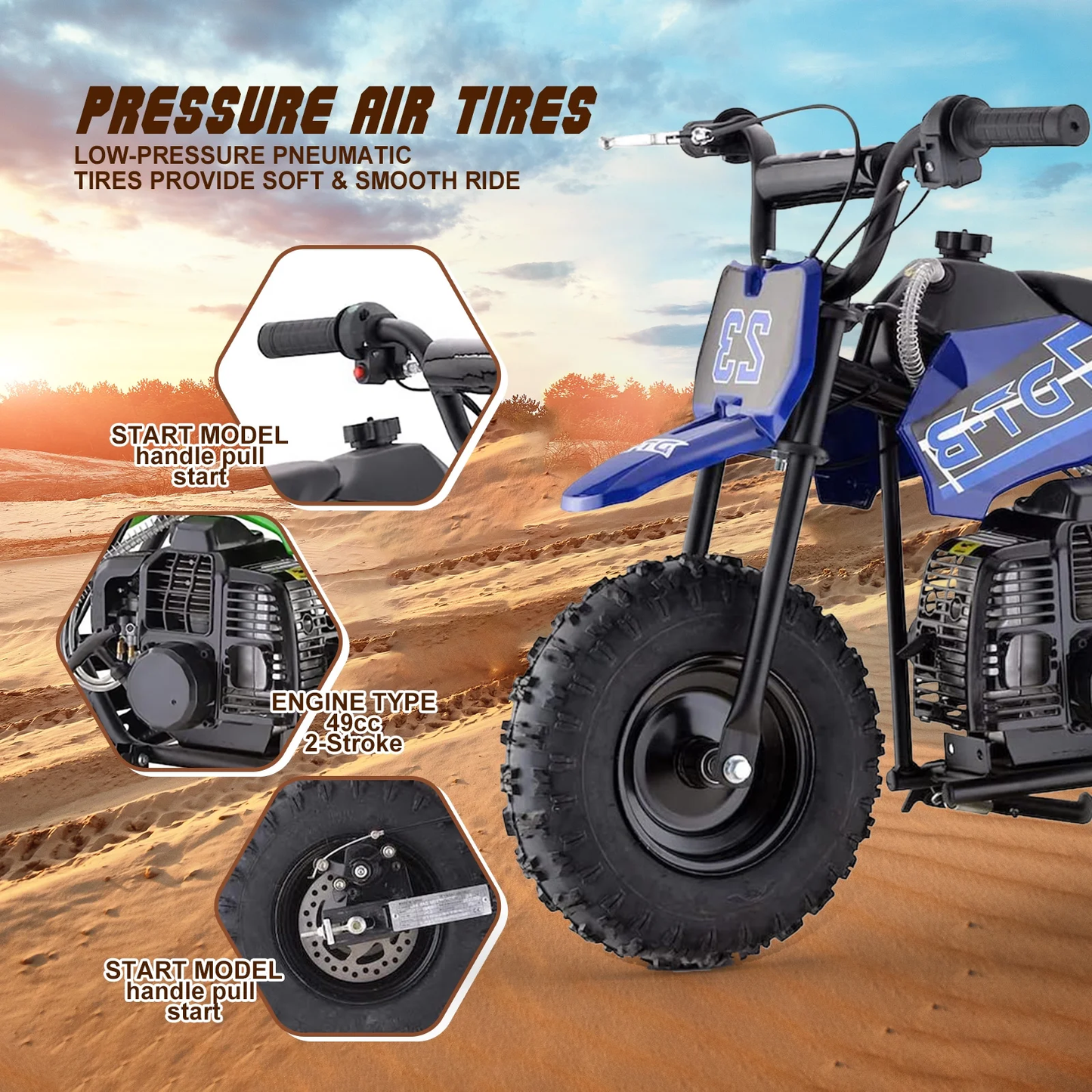 QEASET Mini Off-Road Dirt Bike, 49 CC 2-Stroke Gas Bike with Off-Rode Tire, Suspensions, Disc Brakes, Max Load 160Lbs, Max Speed 18Mph, Blue