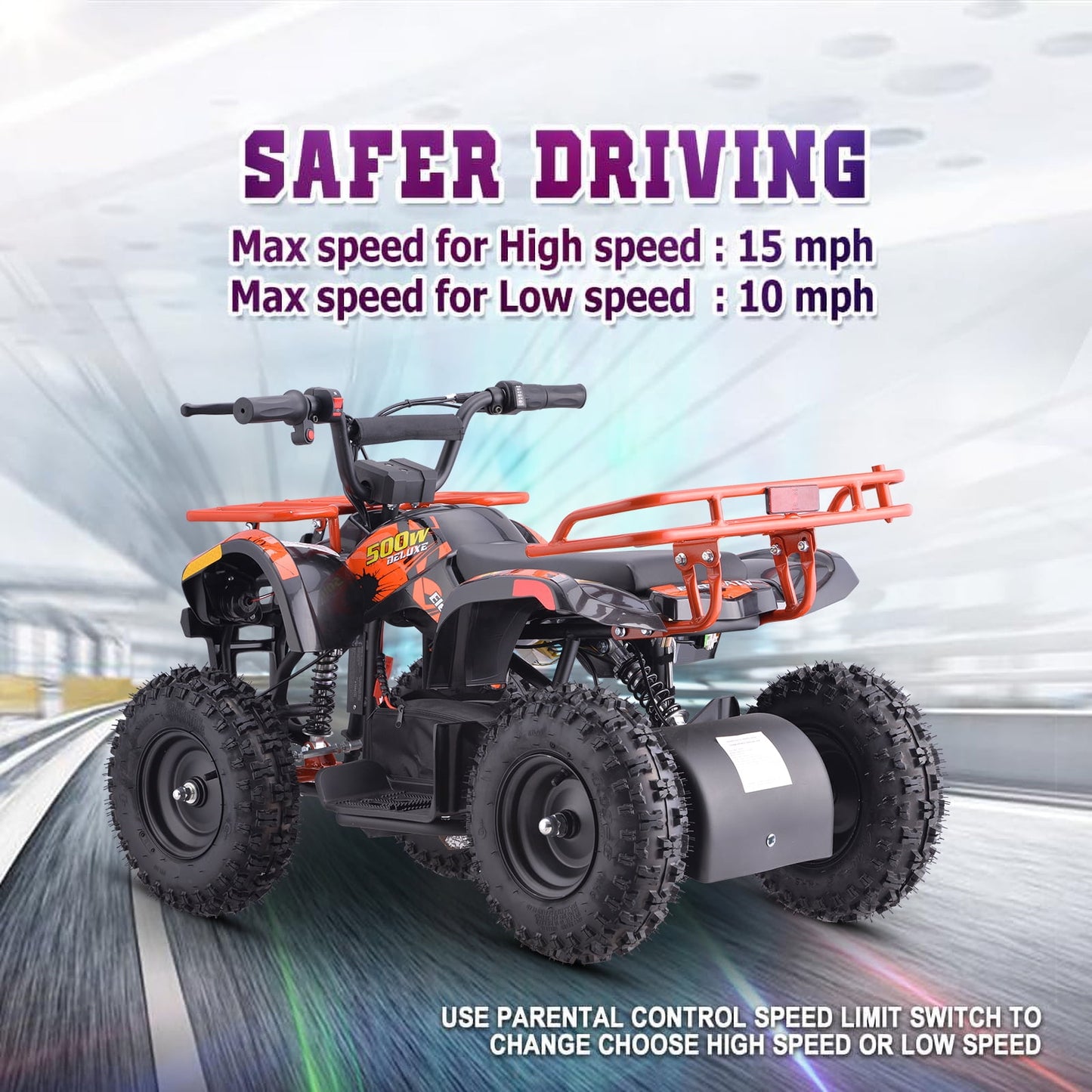 QEASET 500W 36V Battery Ride-On Off-Road 4-Wheeler – 15-Mile Range, Orange
