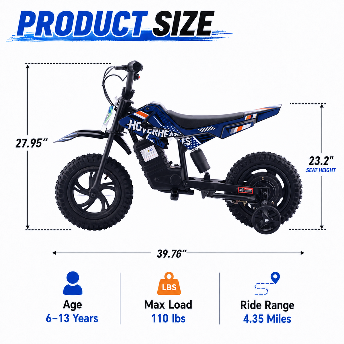 Aoemoe Electric Ride On Mini Bike for Beginners, 25.2V 2.6Ah Battery, Training Wheels & Rear Shock, 6.2 MPH Max Speed, All-Terrain Outdoor Toy, Blue