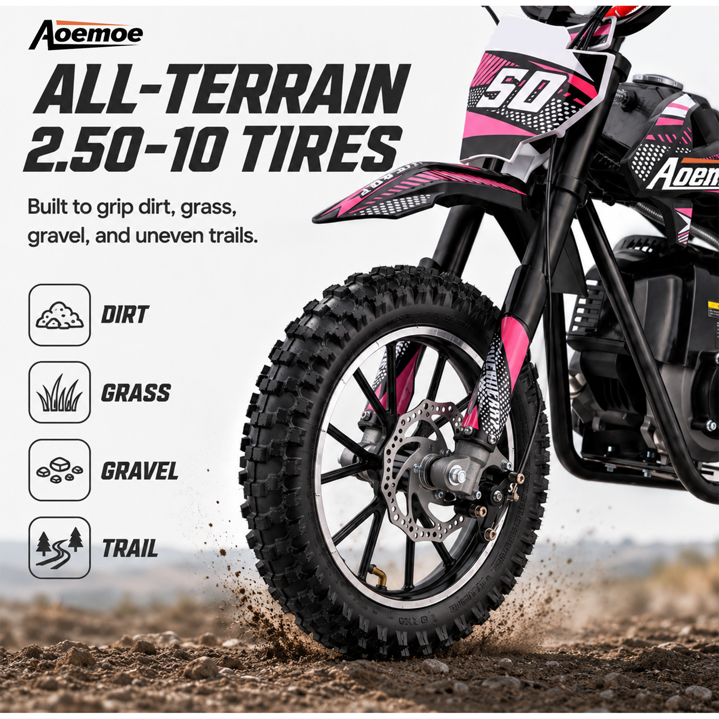Aoemoe 39cc motor bike, 20mph gas dirt bikes for boys 8 12, Disc Brakes, Max Load 165Lbs, kids dirt bike, Pink