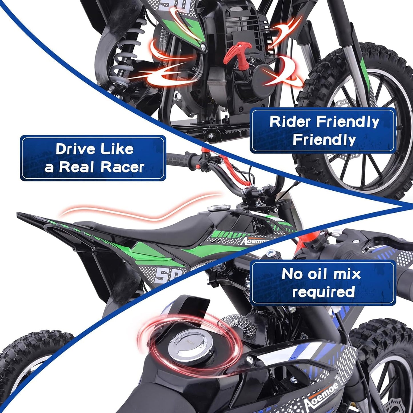 Aoemoe 40cc 4-Stroke Kids Mini Dirt Bike, Gas Powered, Rear Suspension & Disc Brakes, 20Mph/165Lbs,Green