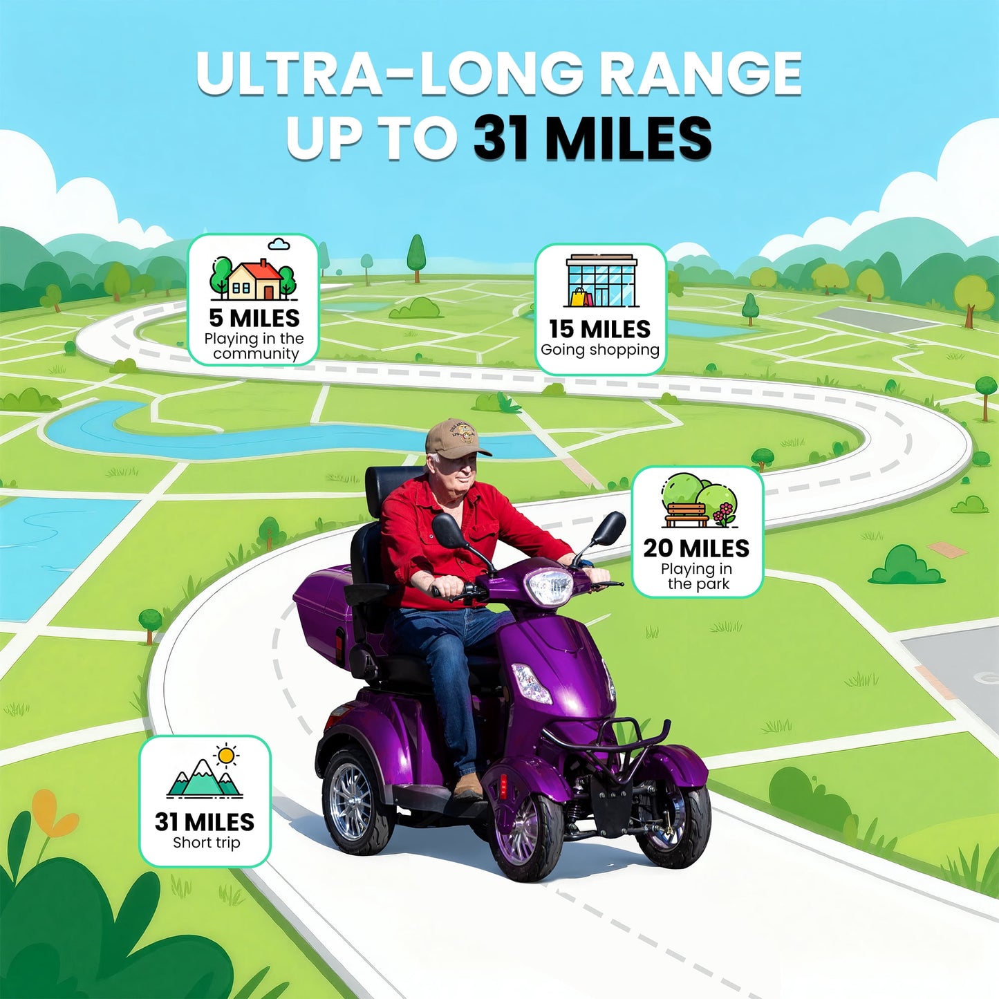 Tcdjtc 4 Wheel Mobility Scooters for Seniors, Adult Scooter with 800W Motor, Motorized Scooter for Adults, Heavy Duty Electric Scooter with 500 lb Capacity, 31 Miles Long Range, Instructions Included