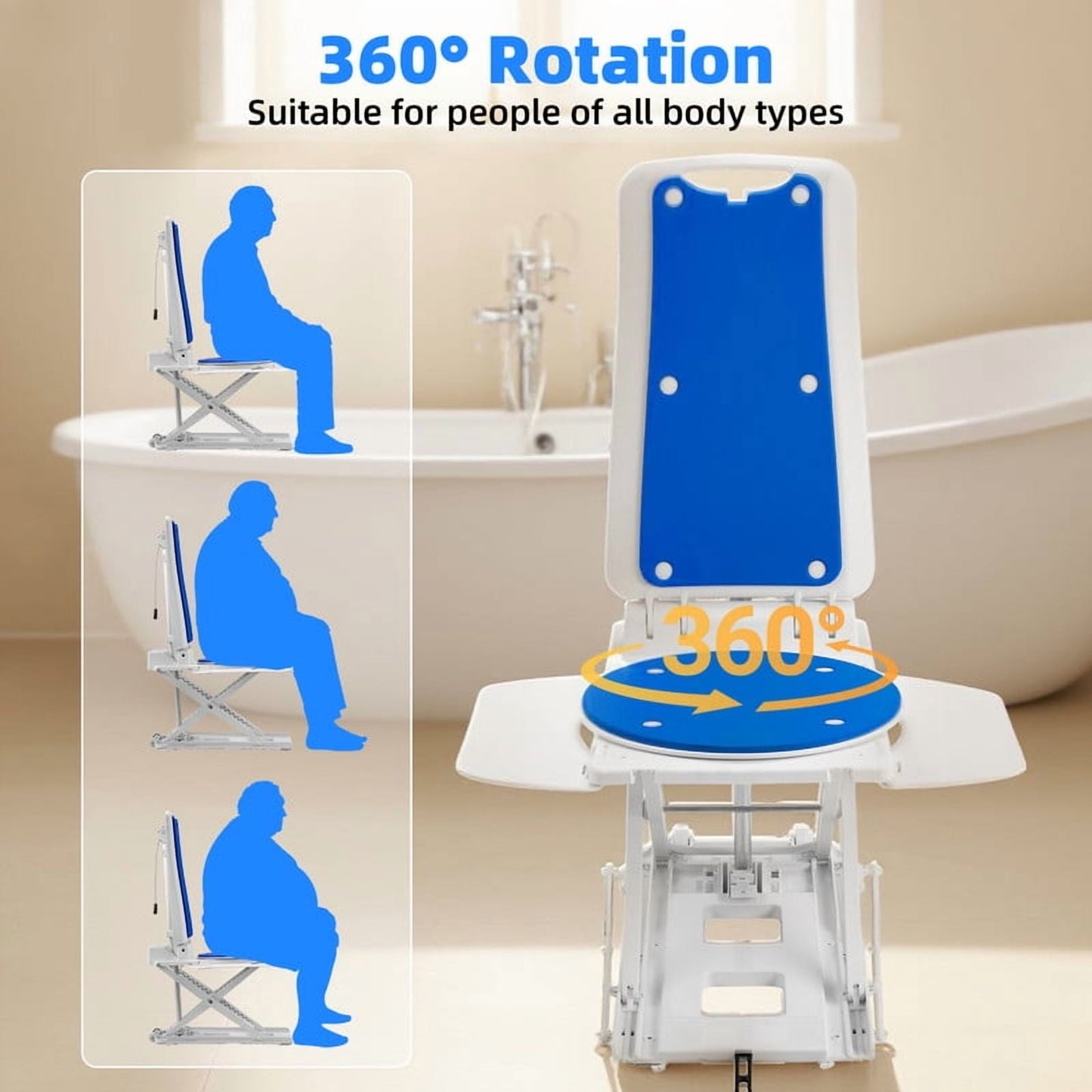 Electric bath chairs for seniors,Electric Height Adjustable,Swivel 360º,Supports up to 308 lbs,Gifts for elders(Blue)