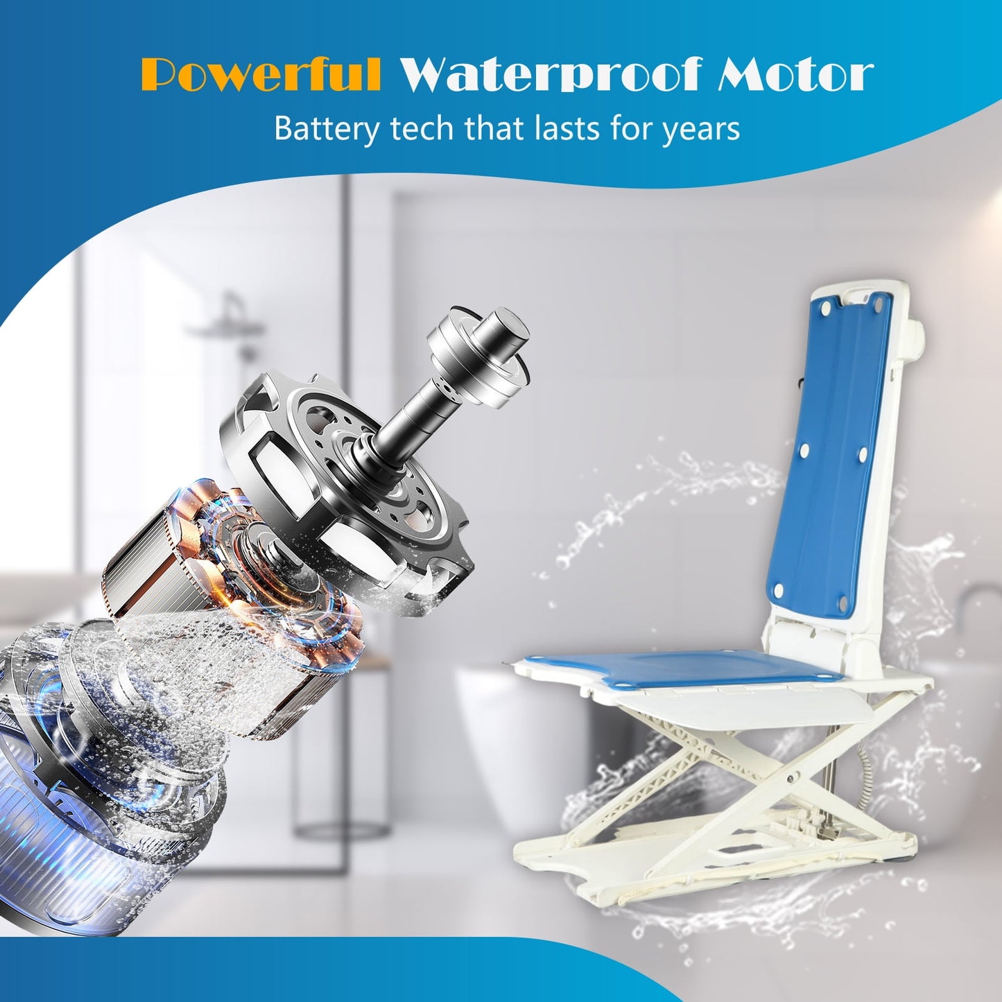 Electric Chair Lift for Senior, Remote Control Floor Lift with Padded Backseat, Bathtub Lift for Elderly, Net Weight 24 LBS, Support Max 308 LBS, Safety and Waterproof Design, Include Charger