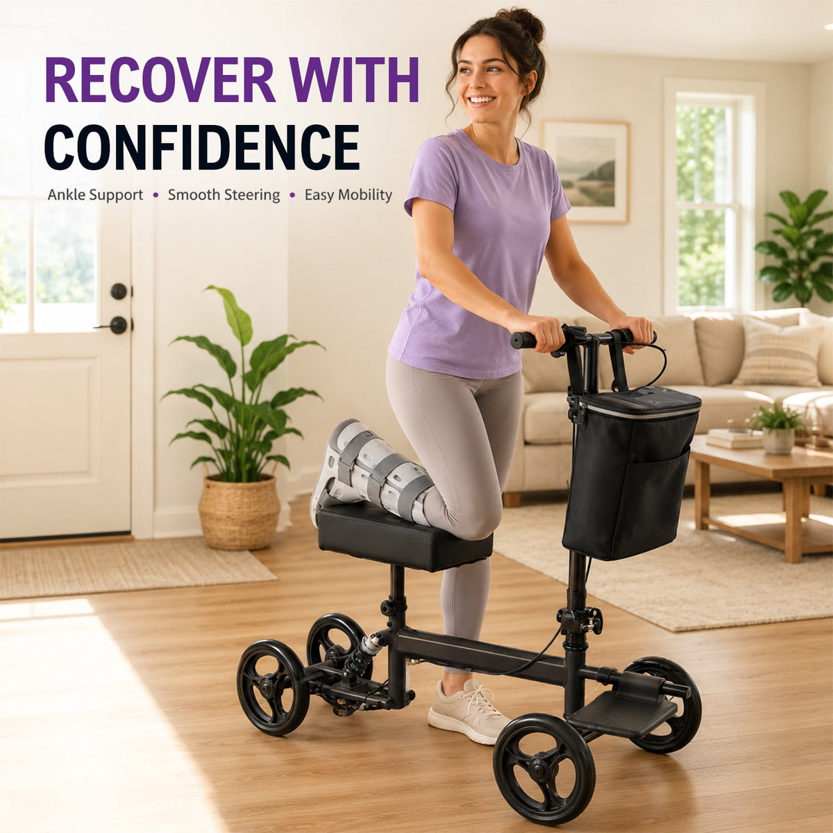 Aoemoe Foldable Knee Walker, 300 lbs Steerable Scooter for Foot & Ankle Recovery, Blue
