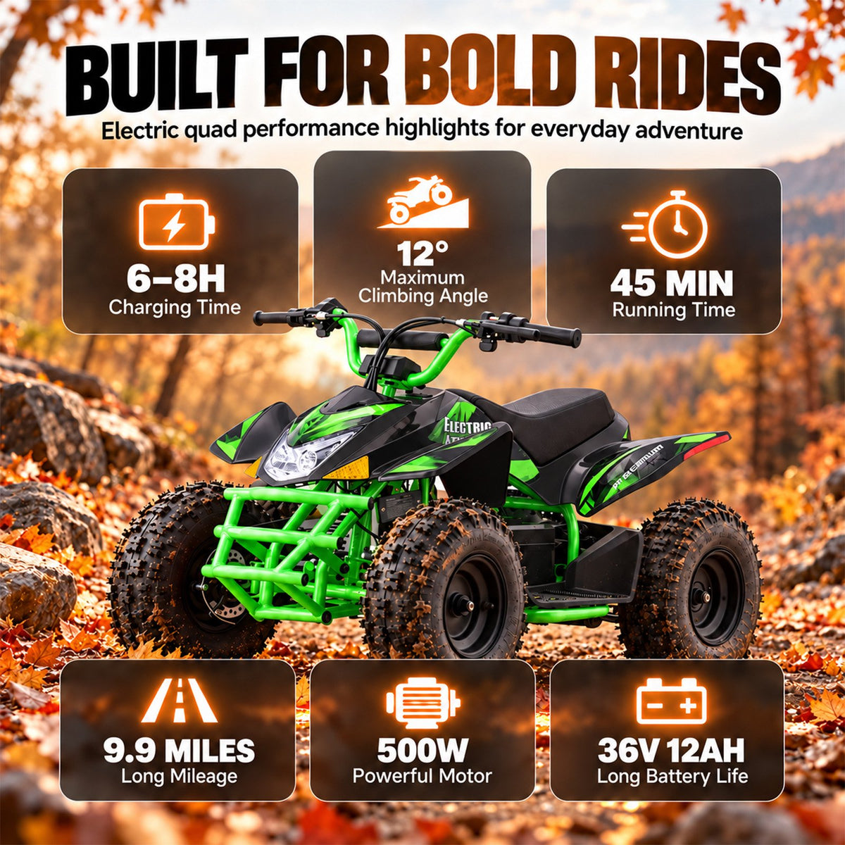 IVFJFV Powered 4 Wheeler,500W Electric 4 Wheeler with Dual Speed Adjustment,36V Four Wheeler Max 15 MPH, Front & Rear Shock Absorbers, All-Terrain Tires and Safety Disc Brake,GREEN