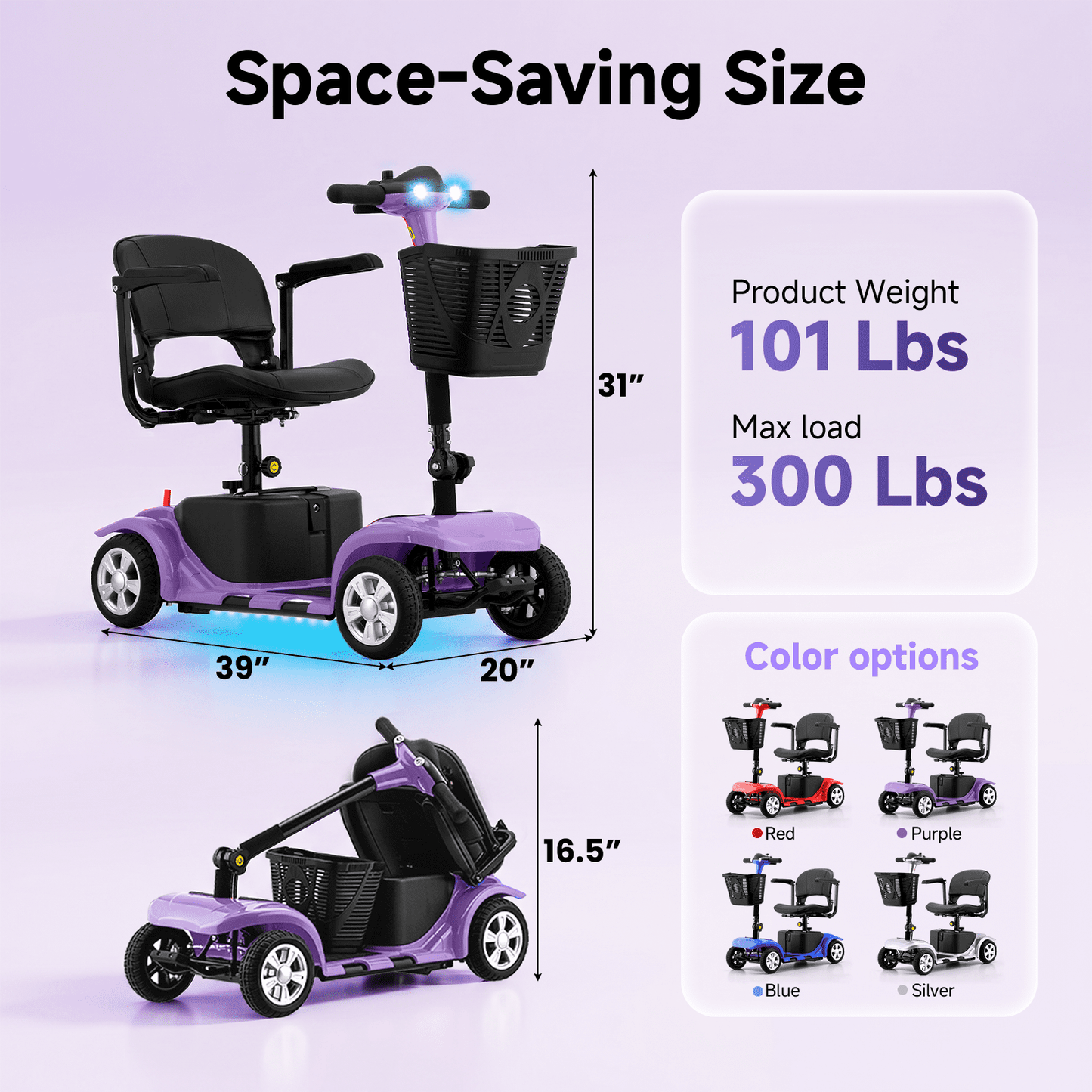 LiltJan Foldable Mobility Scooter for Adults Elderly– Mobility Scooter for Seniors 4-Wheel Portable Motorized Scooter with 300 lbs Capacity with 15 Miles Range