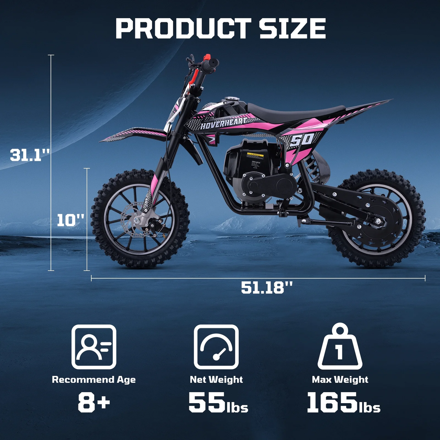 Aoemoe Gas Dirt Bike, 50cc 4-Stroke Gas Powered Kids Off Road Motorcycle (Model-DB4S004) with Off-Road Tire, Suspensions, Disc Brakes, Max Load 165Lbs, Up to 25Mph, NO OIL MIX REQUIRED