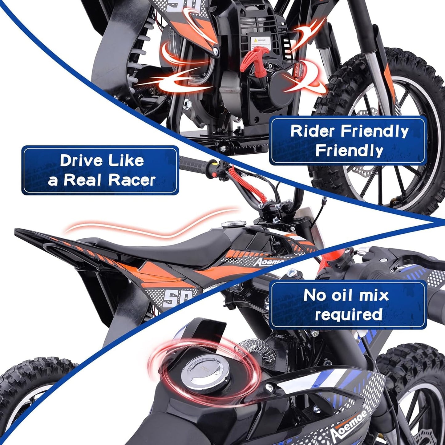 Aoemoe 39cc 4-Stroke Kids Mini Dirt Bike, Gas Powered, Rear Suspension & Disc Brakes, 20Mph/165Lbs,Orange
