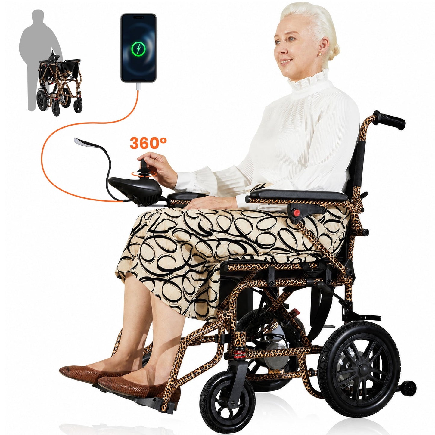 Arshin Electric Wheelchairs for Adults 20+ Miles Range,Silent Electric Wheelchair Lightweight Foldable with 360°Joystick,All Terrain Dual Motors,286+ lbs Capacity(Leopard Brown)