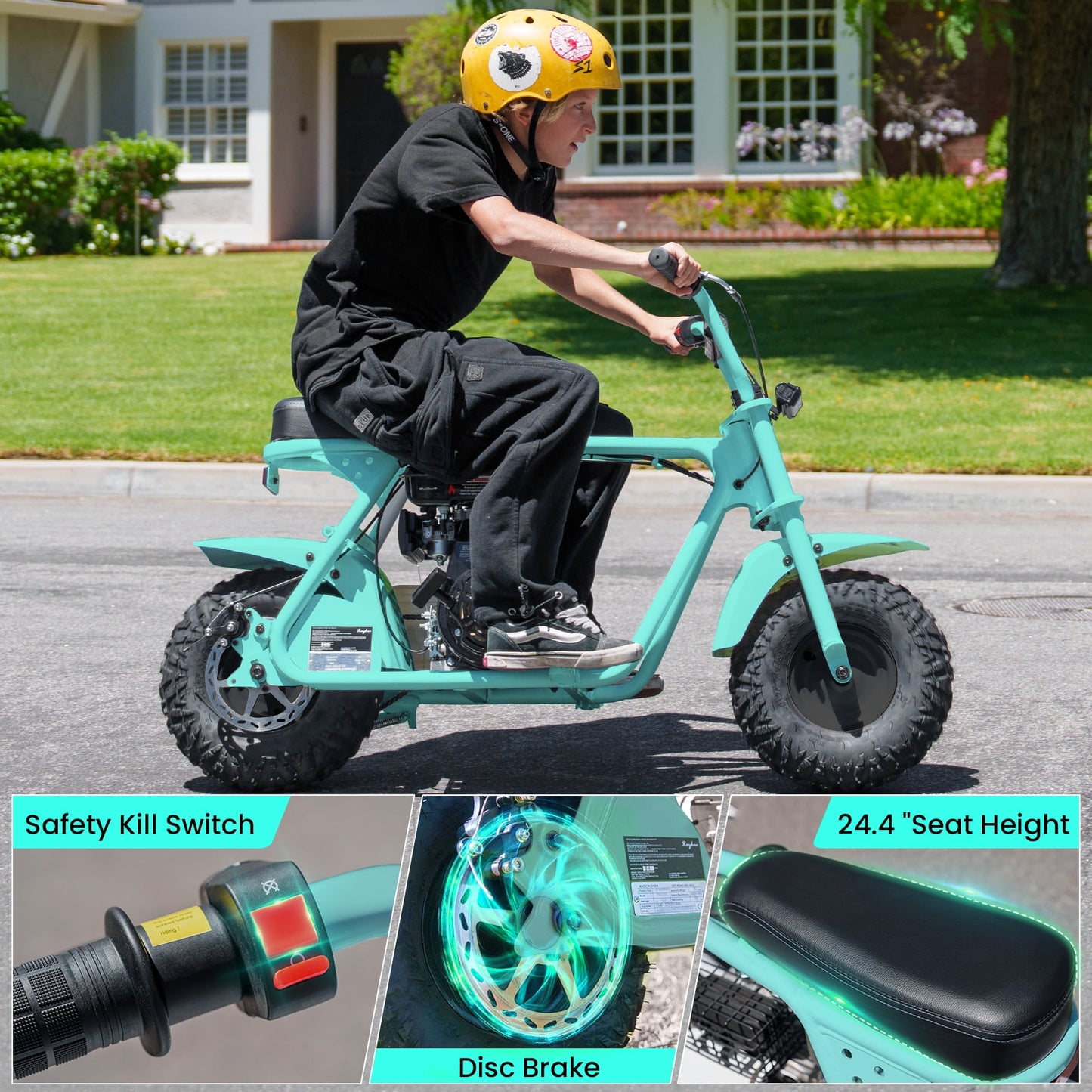 QEASET 99cc Mini Bike Gas Powered, 4-Stroke with LED Headlight, Teal