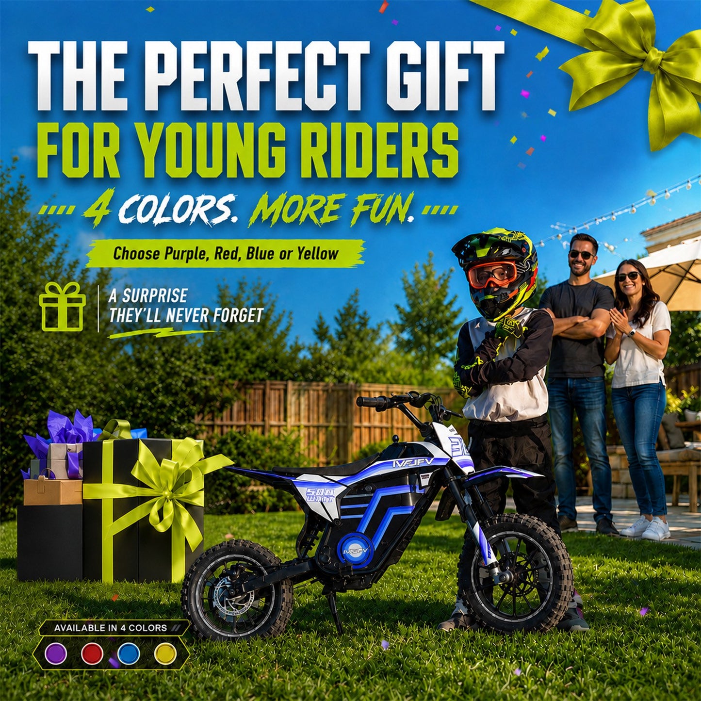 IVFJFV 500W Electric Dirt Bike for Kids,Up to 17.4MPH & 23.6 Miles,Two Speed Modes, Front & Rear Suspension,Mechanical Disc Brakes, 165 LBS,Beginner-Friendly Handle, All-Terrain,BLUE