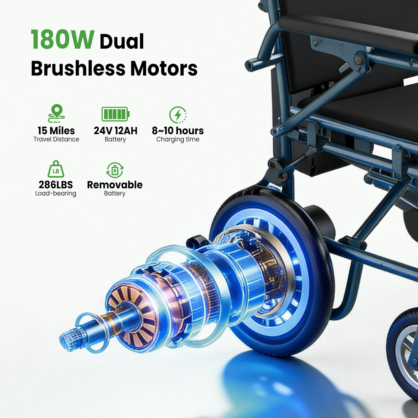 Arshin Foldable Electric Wheelchair for Seniors,All Terrain Motorized Wheelchair for Seniors with Detachable Battery,Warranty,Blue