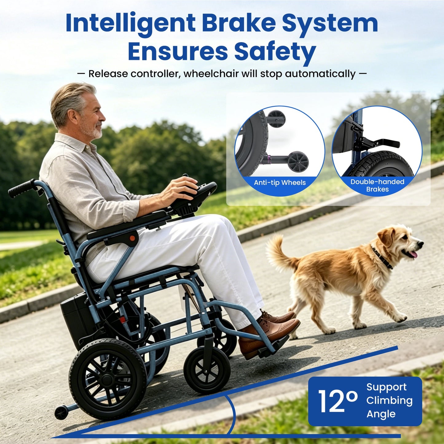 Electric Wheelchairs for Adults，Lightweight Foldable Wheelchair 15 Miles Long Travel Range, 360° Joystick Control Motorized Wheelchair, Support 286 lbs with LED Light Power Wheelchair (Blue)