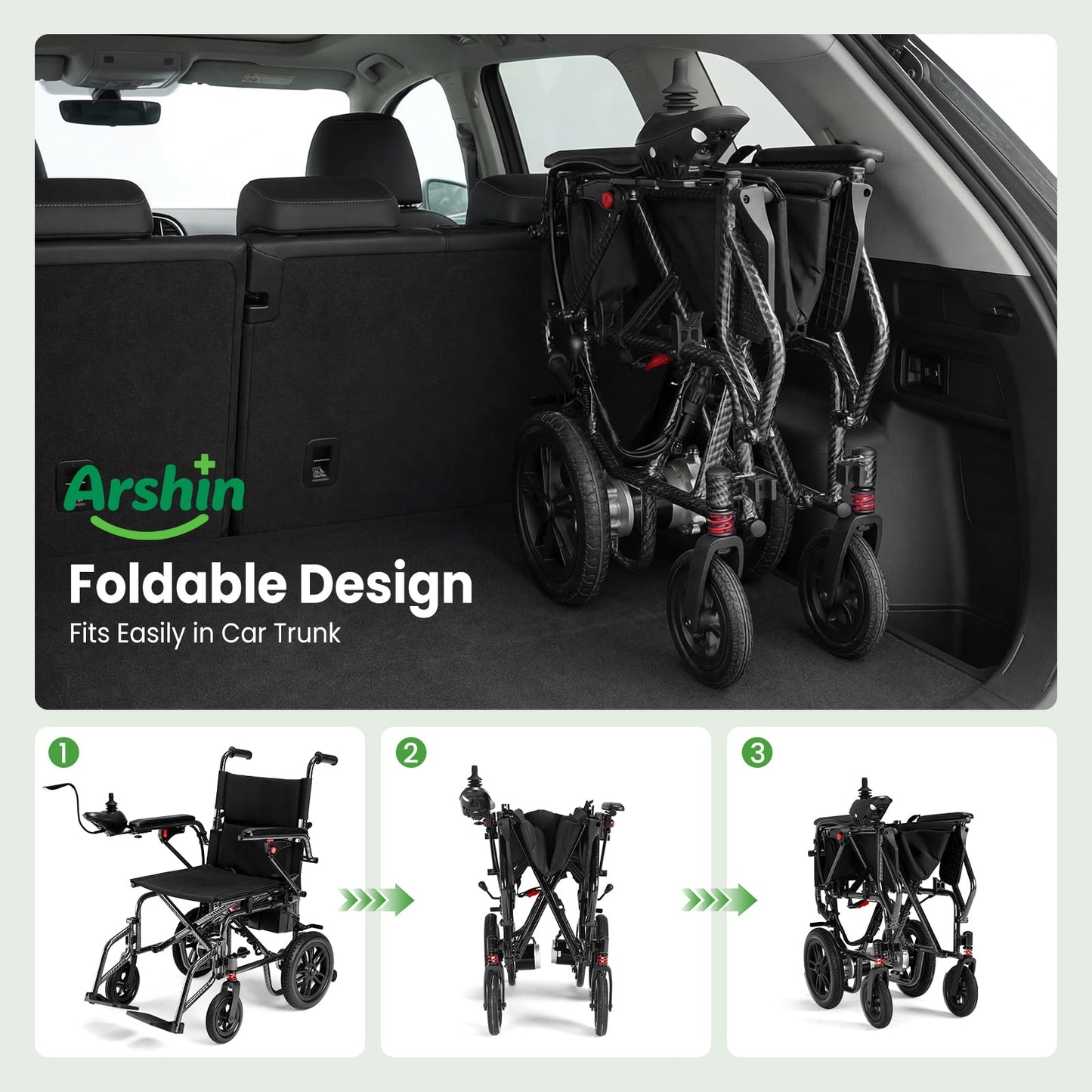 Arshin Electric Wheelchair Lightweight Foldable,20+ Miles Electric Wheelchairs for Adults,360°Joystick Motorized Wheelchair,286+ lbs Capacity,Black