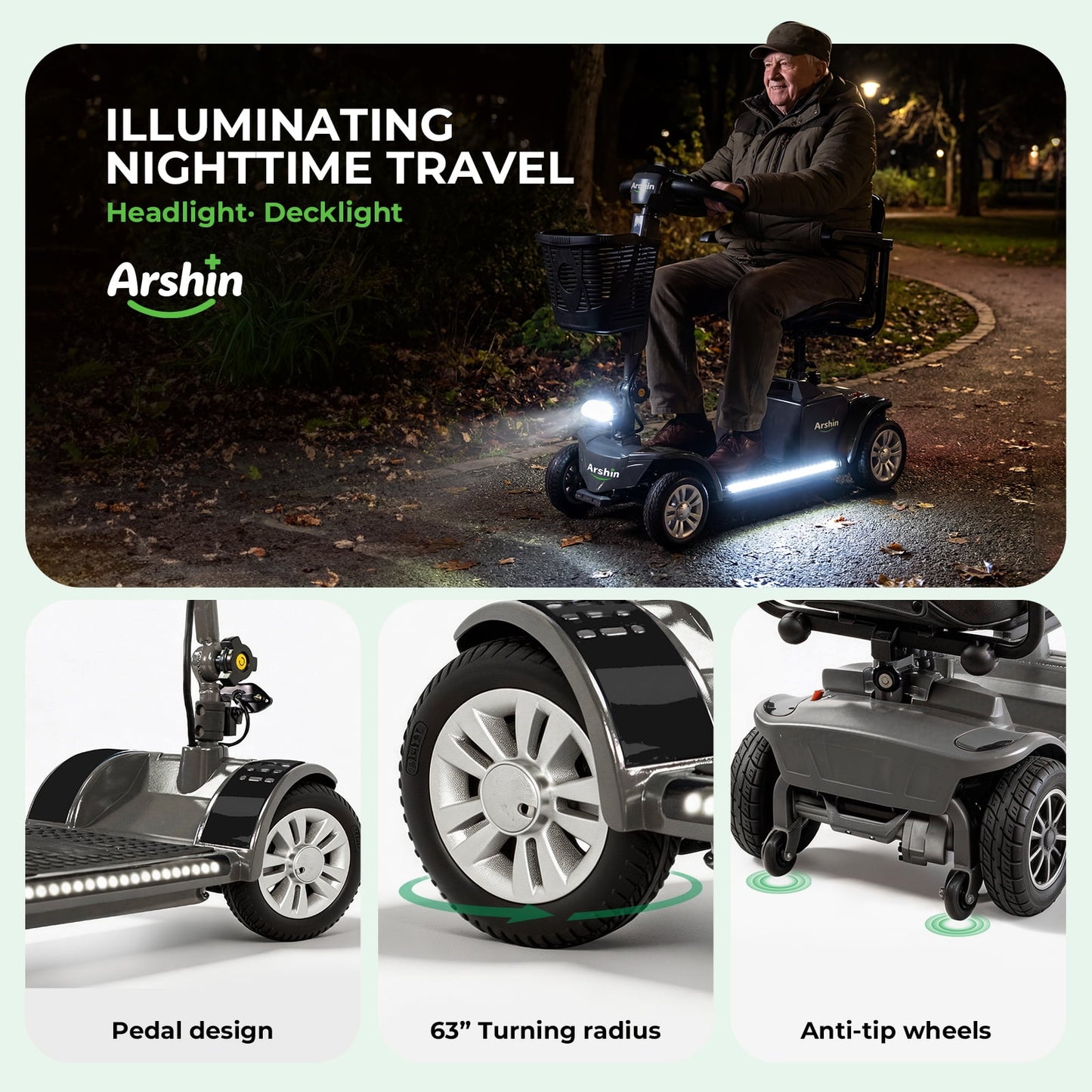 Arshin 4-Wheel Mobility Scooter for Seniors,Easy-to-Use,Foldable & Lightweight,300lbs,Black