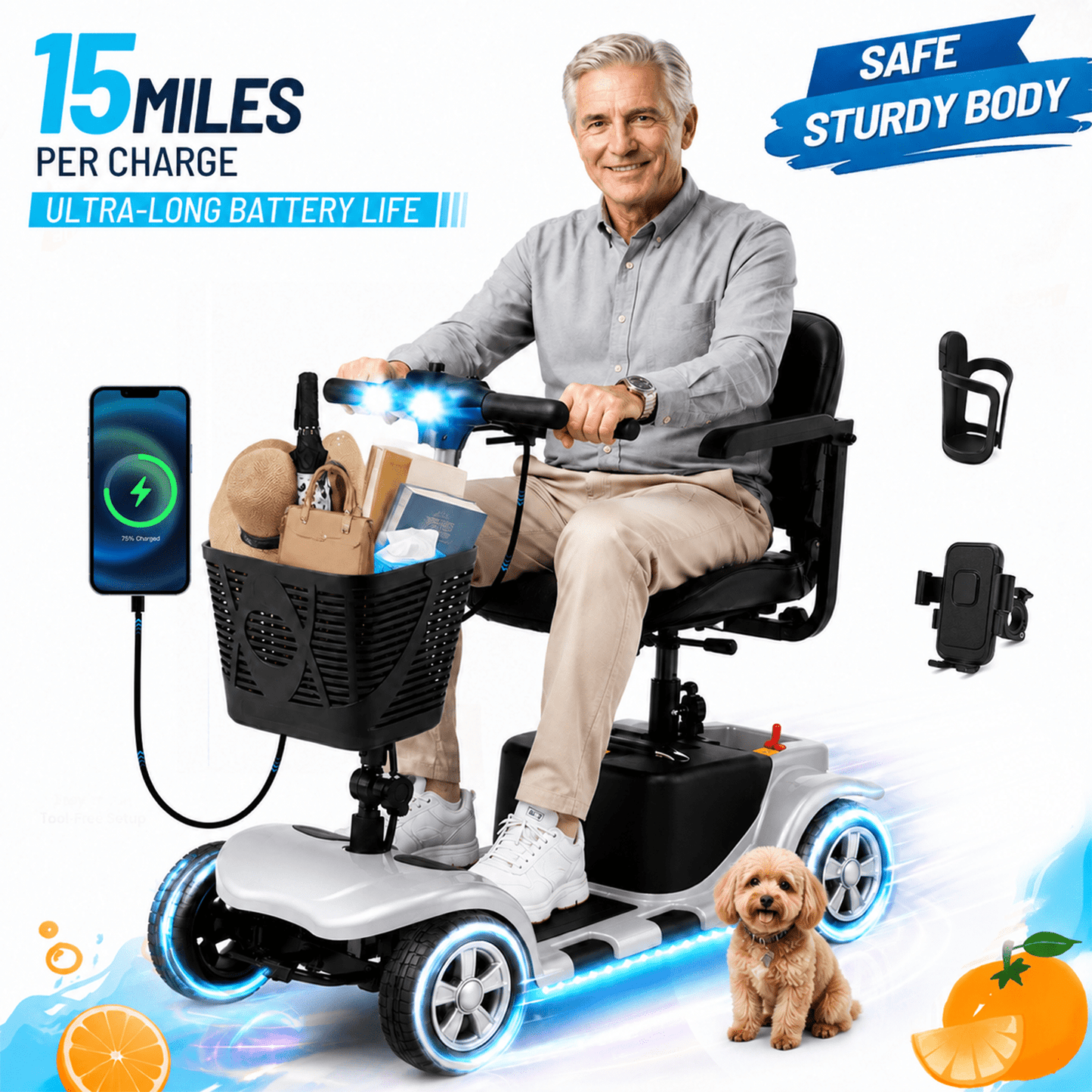 Foldable Mobility Scooter for Adults Elderly– 4-Wheel Portable Motorized Scooter with 300 lbs Capacity, Detachable Battery，Including Charger（副本）