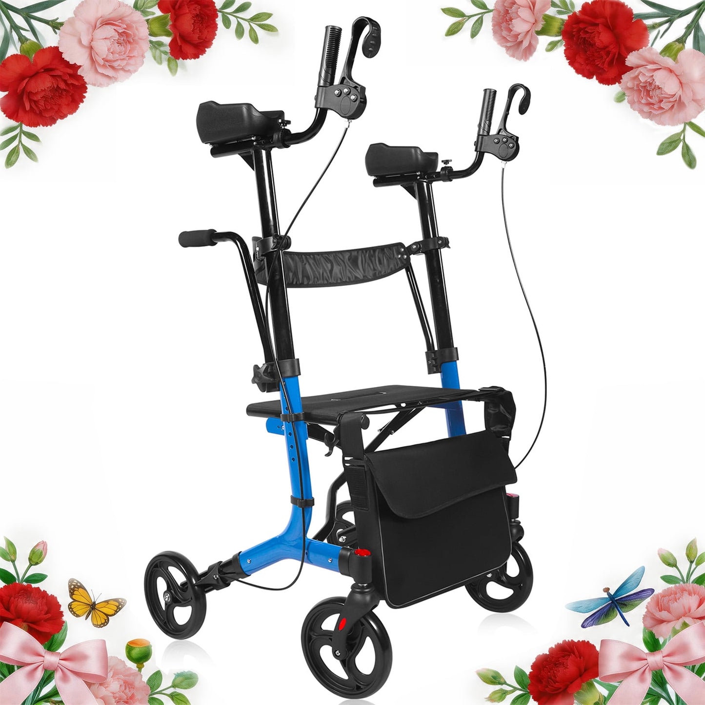 Aoemoe 2-in-1 Rollator Transport Chair, 450 lb Heavy-Duty, 19.8 lb Lightweight Folding Walker-Wheelchair Combo, Dual Brakes & Storage Bag, Blue, Mother's Day Gift