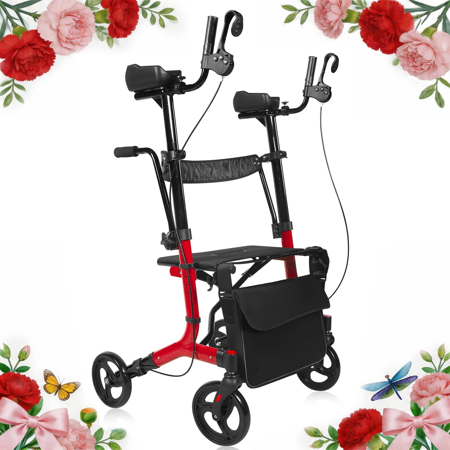 Aoemoe 2-in-1 Rollator Transport Chair, 450 lb Heavy-Duty, 19.8 lb Lightweight Folding Walker-Wheelchair Combo, Dual Brakes & Storage Bag, Red, Mother's Day Gift
