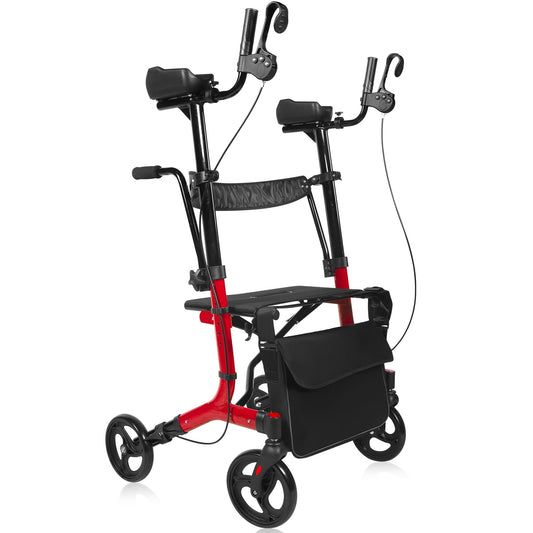 Aoemoe 2-in-1 Rollator Transport Chair, 450 lb Heavy-Duty, 19.8 lb Lightweight Folding Walker-Wheelchair Combo, Dual Brakes & Storage Bag, Red