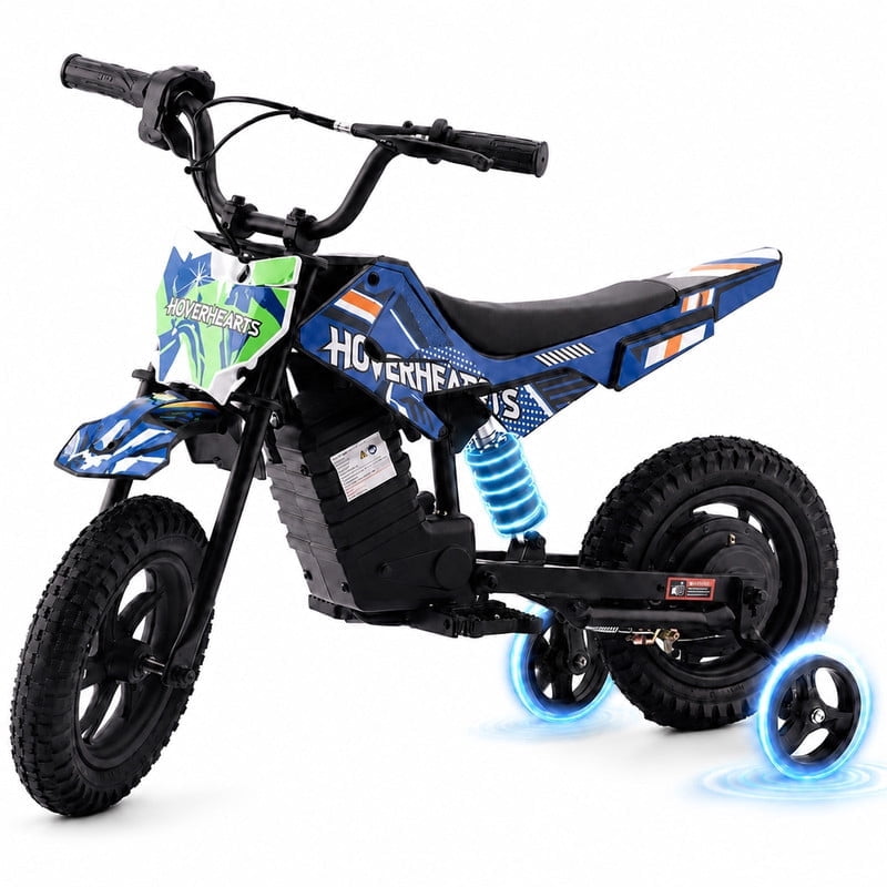 Aoemoe 24V Electric Mini Dirt Bike Ride-On Toy with Training Wheels, 120W Brushless Motor, 6.2 MPH, 25.2V 2.6Ah Li-Ion Battery, Dual Drum Brakes, Steel Frame, Outdoor Ride-On Vehicle, Blue