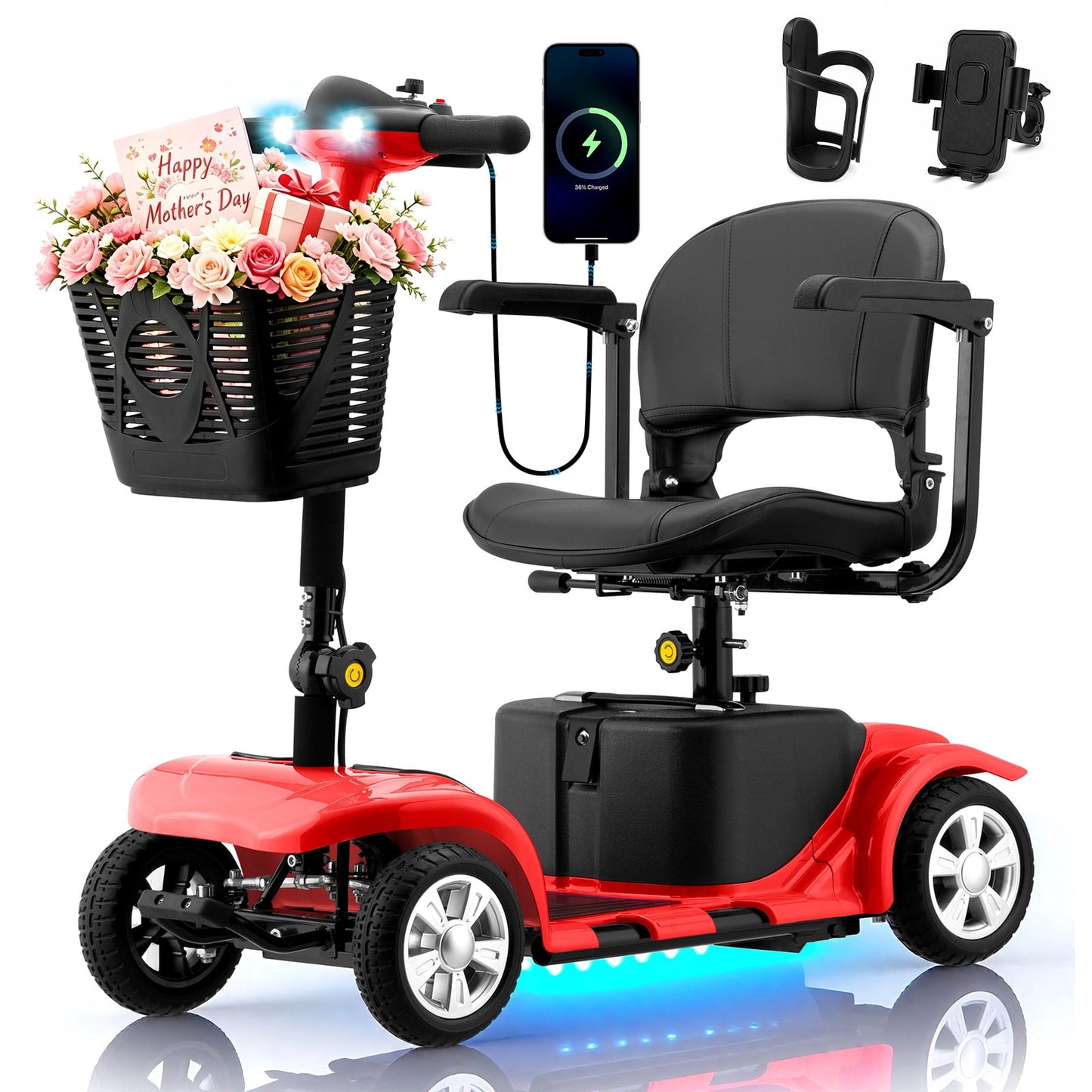 Aoemoe 4 Wheel Mobility Scooter for Seniors, Foldable Powered Mobile Wheelchair for Adult 300lbs, Red