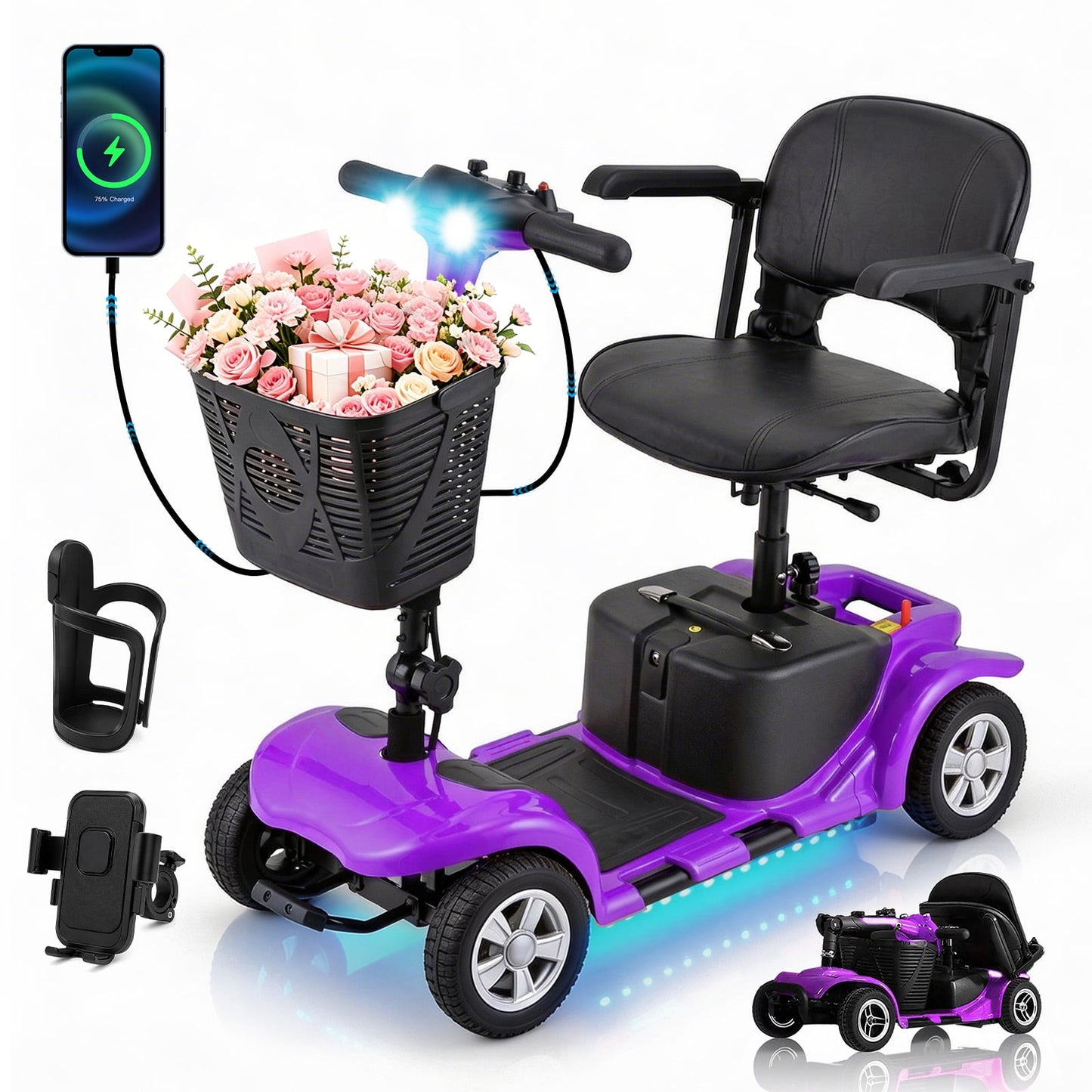 Aoemoe 4 wheeled Elderly Mobility Scooters are Suitable for the Elderly&Adult, Perfect Father's Day Gift for Dad with Speed Control Switch & Adjustable Armrests, Blue