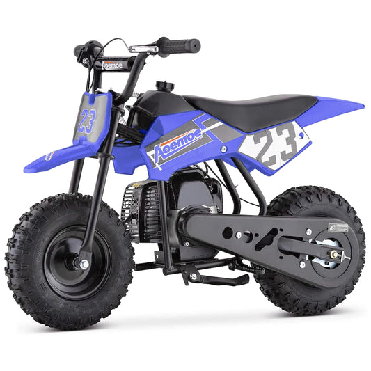 Aoemoe 49cc Kids Dirt Bike Gas Powered, Mini Off-Road Motorcycle with Suspension & Disc Brakes, 18 Mph, 160 Lbs Capacity, Blue