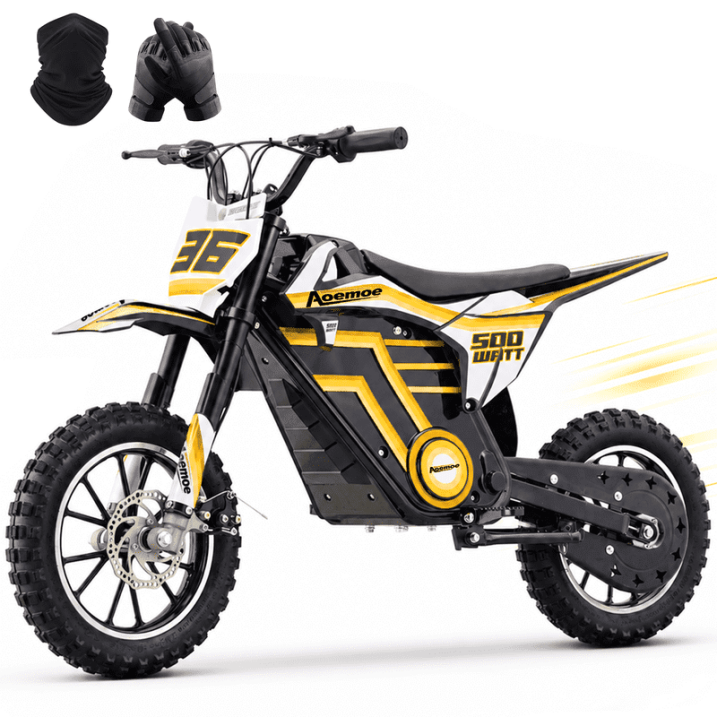 Aoemoe Electric Dirt Bike, 36V 500W Motorized Mini Bike, 17 MPH Top Speed, Front Suspension, Off-Road Tires, Yellow