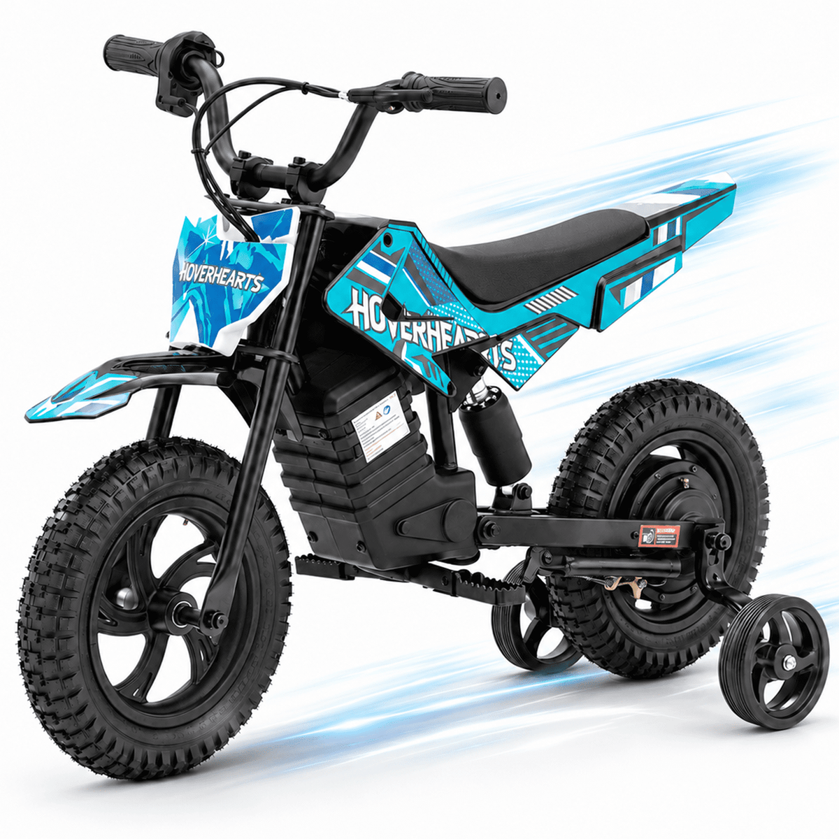 Aoemoe Electric Ride On Mini Bike for Beginners, 25.2V 2.6Ah Battery, Training Wheels & Rear Shock, 6.2 MPH Max Speed, All-Terrain Outdoor Toy, Teal Blue