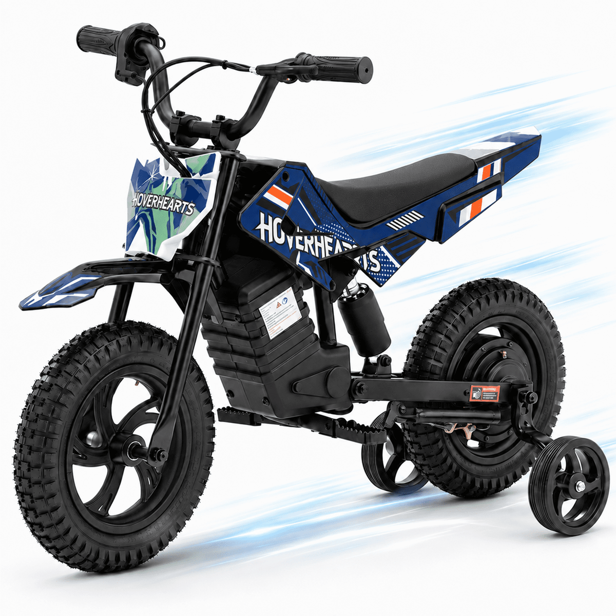 Aoemoe Electric Ride On Mini Bike for Beginners, 25.2V 2.6Ah Battery, Training Wheels & Rear Shock, 6.2 MPH Max Speed, All-Terrain Outdoor Toy, Blue